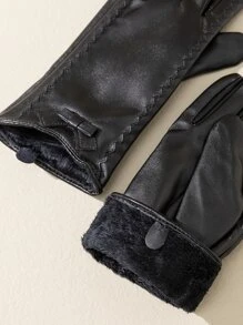 Bow Decor Plush Lined Gloves - Black - View 2