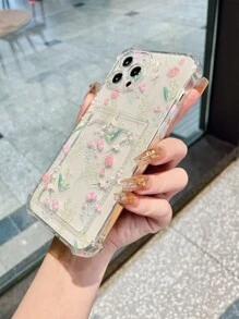 Funda de celular transparente con estampado de flor con con ranura de tarjeta