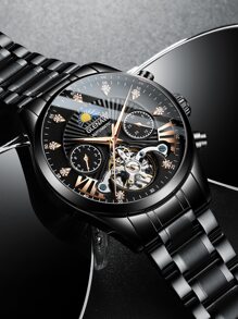 1pc Automatic Watches for Men Rhinestone Decor Skeleton Mechanical Watch - Black - View 1