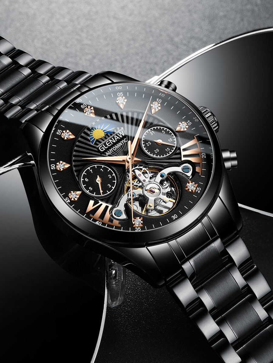 1pc Automatic Watches for Men Rhinestone Decor Skeleton Mechanical Watch - Black - View 1