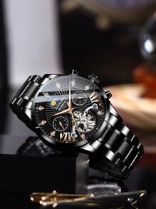 1pc Automatic Watches for Men Rhinestone Decor Skeleton Mechanical Watch - Black - View 2