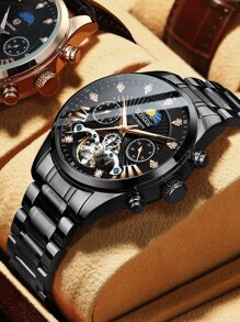 1pc Automatic Watches for Men Rhinestone Decor Skeleton Mechanical Watch - Black - View 4
