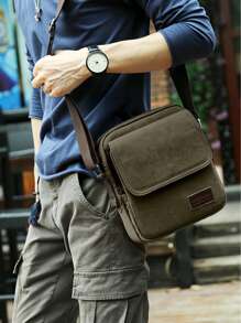 Men Letter Patch Decor Canvas Square Bag - Green - View 1