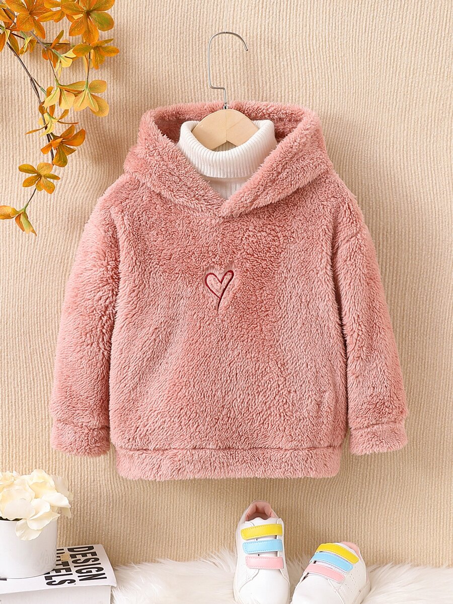 Young Girl Heart Embroidery Drop Shoulder Teddy Sweatshirt Without Sweater - Dusty Pink - View 1