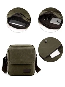 Men Letter Patch Decor Canvas Square Bag - Green - View 5