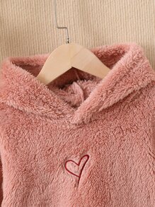Young Girl Heart Embroidery Drop Shoulder Teddy Sweatshirt Without Sweater - Dusty Pink - View 3