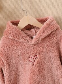 Young Girl Heart Embroidery Drop Shoulder Teddy Sweatshirt Without Sweater - Dusty Pink - View 4