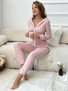 Zip Up Hooded Lounge Jumpsuit - Baby Pink - View 6