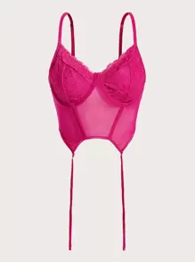 SHEIN ICON Contrast Lace Bustier Asymmetrical Hem Crop Mesh Cami Top - Hot Pink - View 1