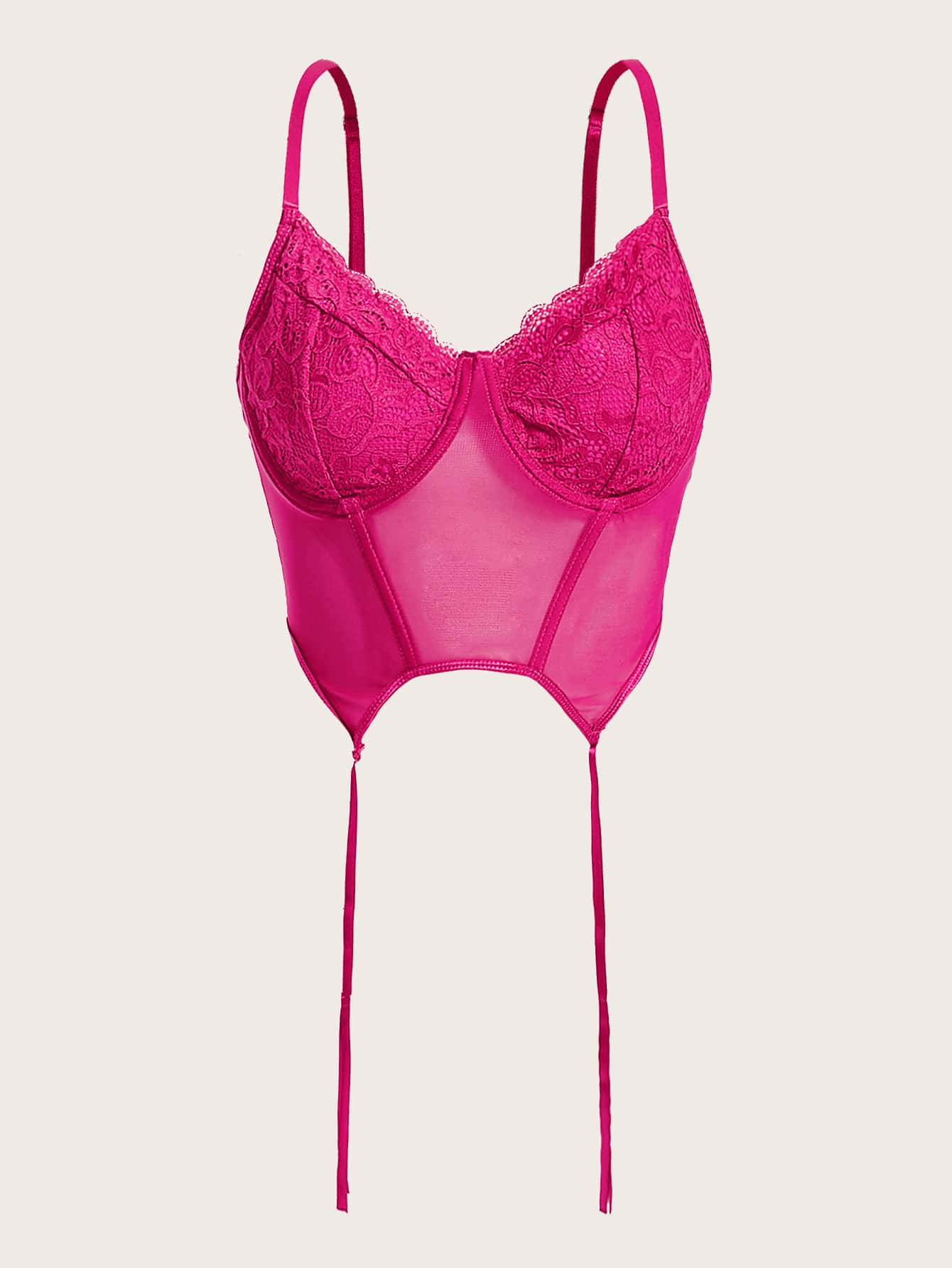 SHEIN ICON Contrast Lace Bustier Asymmetrical Hem Crop Mesh Cami Top - Hot Pink - View 1