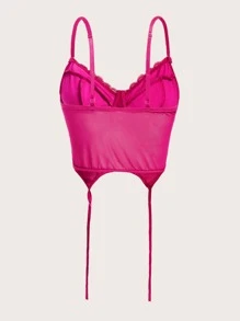 SHEIN ICON Contrast Lace Bustier Asymmetrical Hem Crop Mesh Cami Top - Hot Pink - View 2