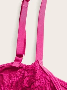 SHEIN ICON Contrast Lace Bustier Asymmetrical Hem Crop Mesh Cami Top - Hot Pink - View 3