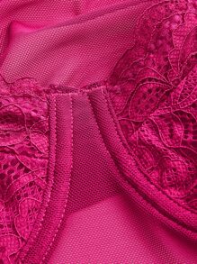 SHEIN ICON Contrast Lace Bustier Asymmetrical Hem Crop Mesh Cami Top - Hot Pink - View 4