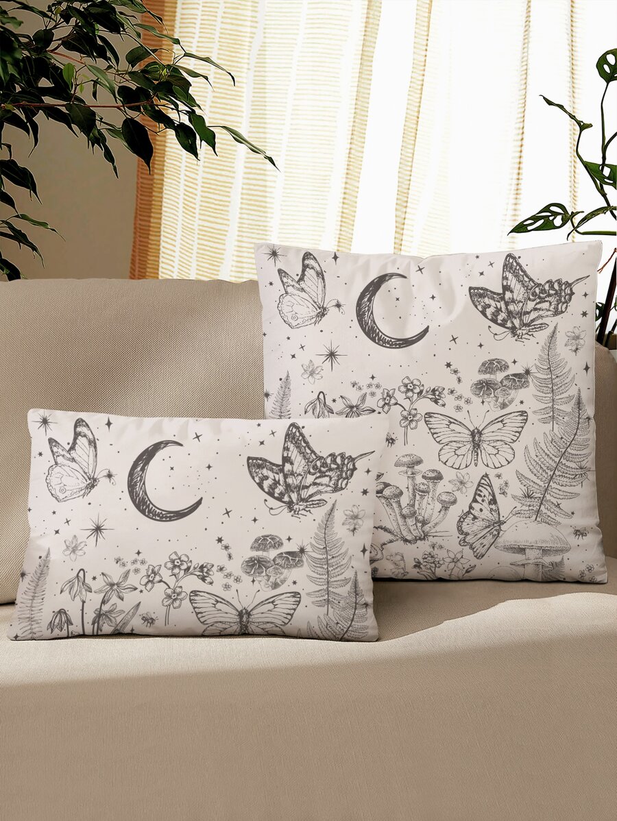1pc Butterfly & Moon Print Cushion Cover Without Filler - Multicolor - View 1