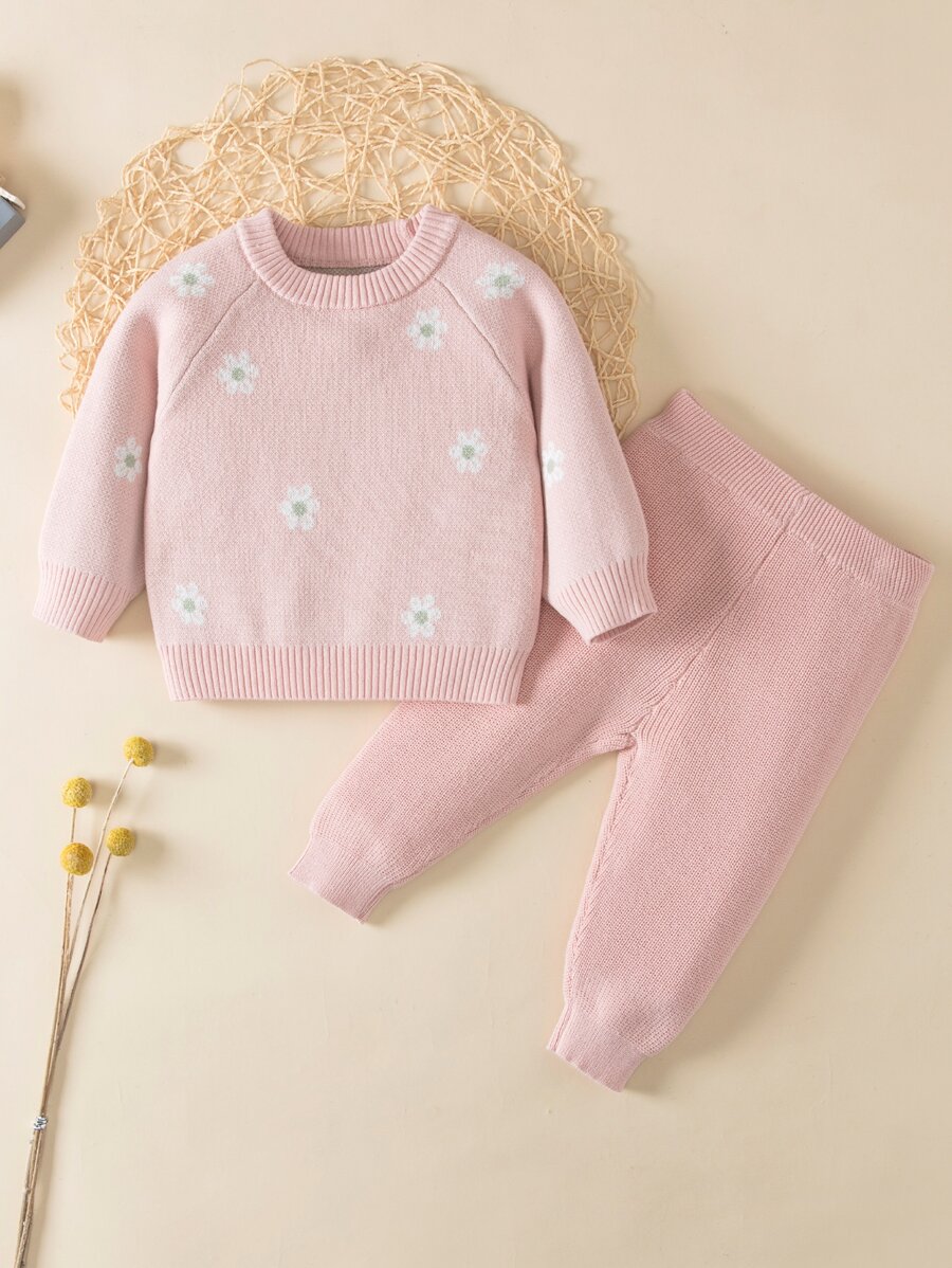 Bebé Jersey con patrón floral de manga raglán con pantalones tejidos - Rosa Pálido - Ver 1