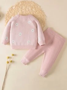 Bebé Jersey con patrón floral de manga raglán con pantalones tejidos - Rosa Pálido - Ver 2