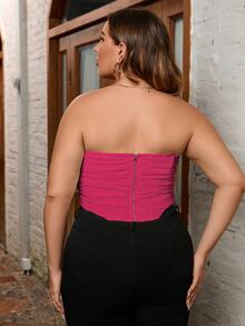 PARTHEA 大碼褶邊不對稱下擺網紗抹胸緊身胸衣 - 玫紅色 - 查看 2