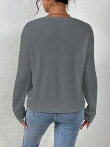 SHEIN LUNE Contrast Lace V Neck Sweatshirt - Grey - View 2