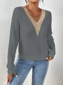 SHEIN LUNE Contrast Lace V Neck Sweatshirt - Grey - View 6