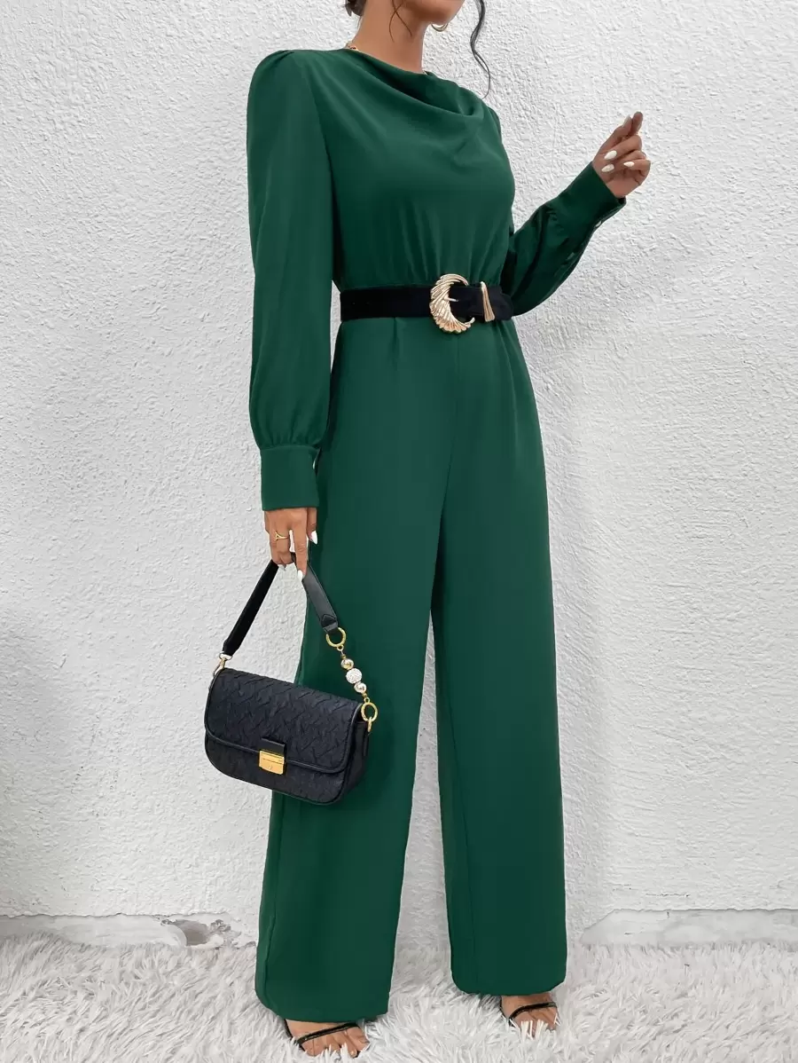 SHEIN Privé Draped Collar Puff Sleeve Jumpsuit Without Belt - Green - View 1