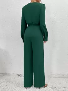 SHEIN Privé Draped Collar Puff Sleeve Jumpsuit Without Belt - Green - View 2