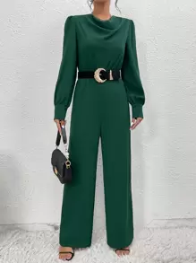 SHEIN Privé Draped Collar Puff Sleeve Jumpsuit Without Belt - Green - View 3