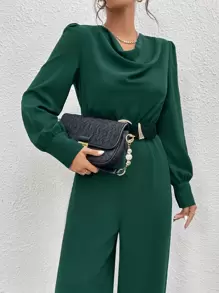 SHEIN Privé Draped Collar Puff Sleeve Jumpsuit Without Belt - Green - View 4