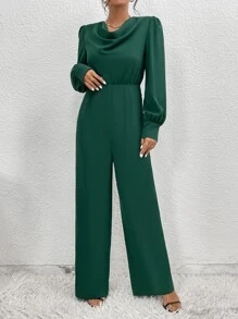 SHEIN Privé Draped Collar Puff Sleeve Jumpsuit Without Belt - Green - View 5
