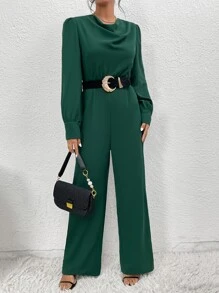 SHEIN Privé Draped Collar Puff Sleeve Jumpsuit Without Belt - Green - View 6