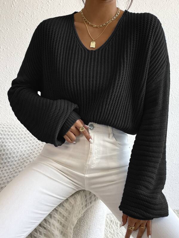 Chiquease Jersey de cuello en V con hombros caídos, parte superior de manga larga de punto, jersey de punto para otoño e invierno
