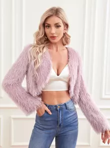 Abrigo con parte delantera abierta de peluche corto - Rosa Pálido - Ver 1