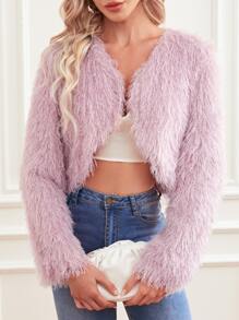 Abrigo con parte delantera abierta de peluche corto - Rosa Pálido - Ver 6