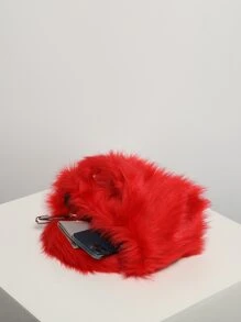 螢光紅極簡風格毛茸茸手提包 - 紅色 - 查看 3