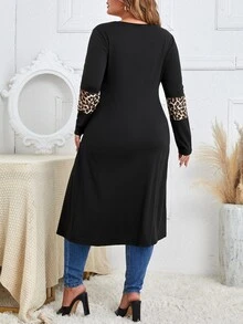 SHEIN LUNE Plus Leopard Print Split Hem Tee - Black - View 2