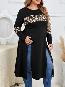 SHEIN LUNE Plus Leopard Print Split Hem Tee - Black - View 3