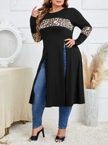 SHEIN LUNE Plus Leopard Print Split Hem Tee - Black - View 4
