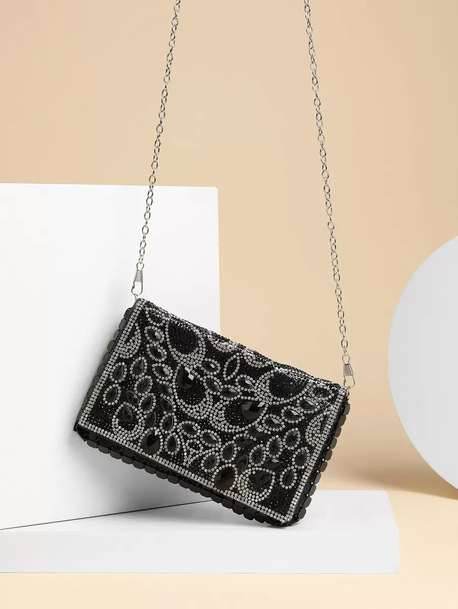 1pc Mini Black Flip-over Evening Clutch Bag - Multicolor - View 1