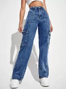 SHEIN EZwear Quần jean nữ Túi Dây kéo Nút phía trước màu trơn - Rửa tối - Xem 4