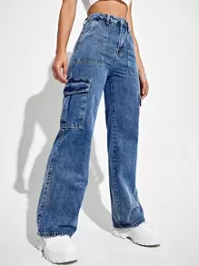 SHEIN EZwear Quần jean nữ Túi Dây kéo Nút phía trước màu trơn - Rửa tối - Xem 5