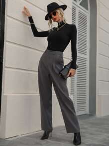 SHEIN Essnce Solid Slant Pocket Suit Trousers - Dark Grey - View 3