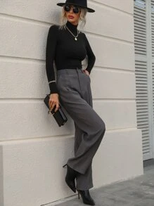 SHEIN Essnce Solid Slant Pocket Suit Trousers - Dark Grey - View 6