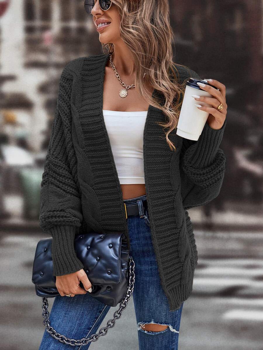 SHEIN LUNE Cable Knit Lantern Sleeve Cardigan - Black - View 1