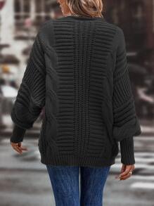SHEIN LUNE Cable Knit Lantern Sleeve Cardigan - Black - View 2