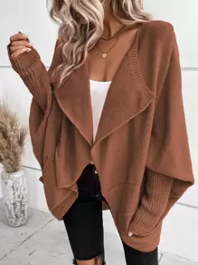 SHEIN LUNE Waterfall Collar Batwing Sleeve Cardigan - Coffee Brown - View 1