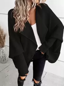 SHEIN LUNE Waterfall Collar Batwing Sleeve Cardigan - Black - View 6