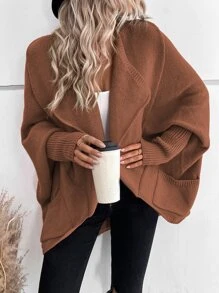 SHEIN LUNE Waterfall Collar Batwing Sleeve Cardigan - Coffee Brown - View 5