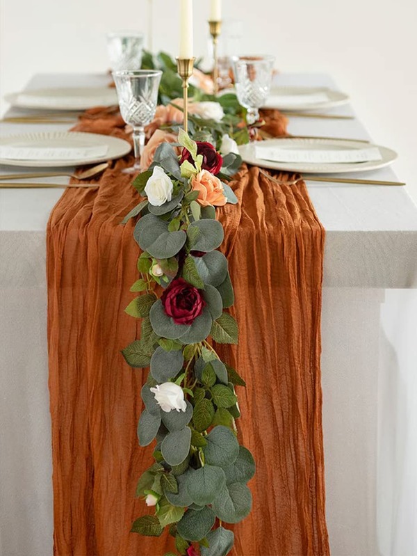 1pc Solid Pleated Table Runner, Simple Polyester Kitchen Table Runner