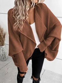 SHEIN LUNE Waterfall Collar Batwing Sleeve Cardigan - Coffee Brown - View 6