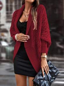 SHEIN LUNE Shawl Collar Cable Knit Batwing Sleeve Duster Cardigan - Burgundy - View 1