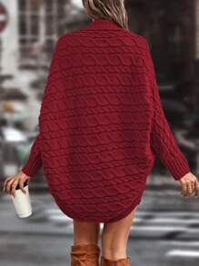SHEIN LUNE Shawl Collar Cable Knit Batwing Sleeve Duster Cardigan - Burgundy - View 2